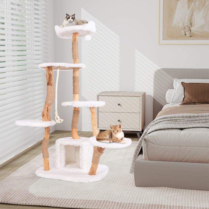 168 cm Tall Solid Wood Cat Tree with Perch Condo and Jute Scratching Posts-