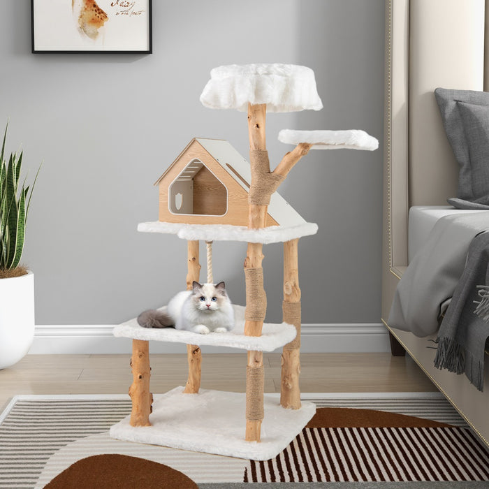 149 cm Tall Solid Wood Cat Tree with 2 Perches Condo and Jute Scratching Posts-
