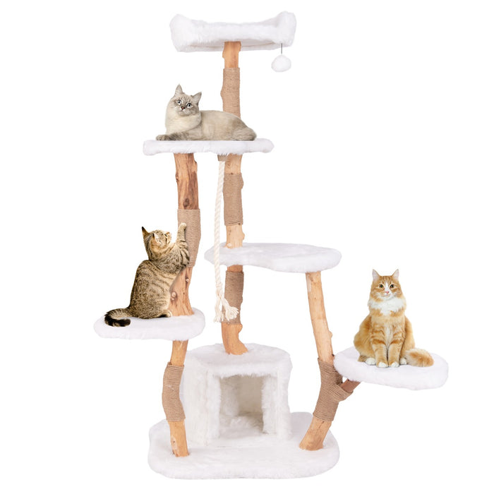 168 cm Tall Solid Wood Cat Tree with Perch Condo and Jute Scratching Posts-