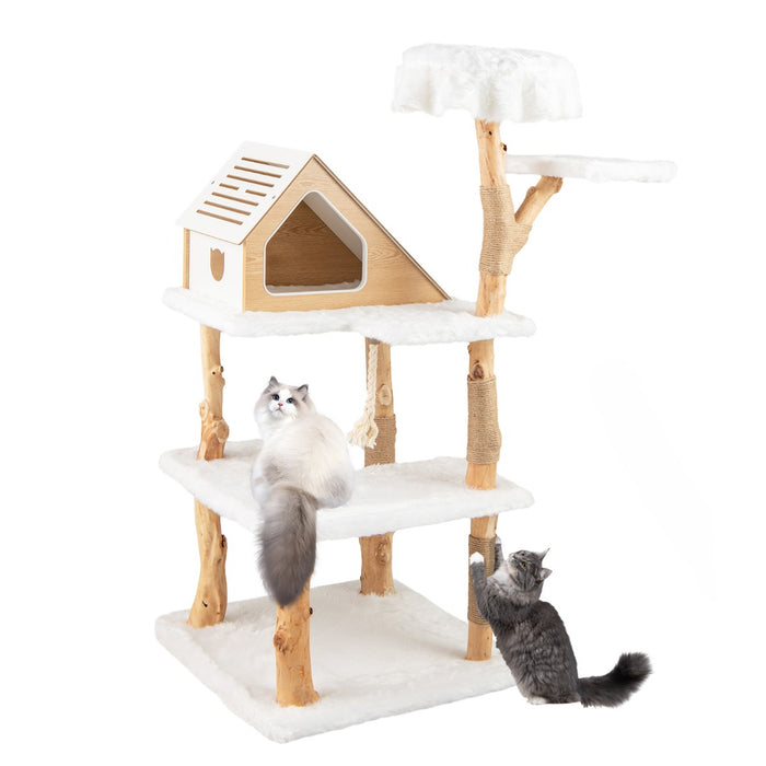 149 cm Tall Solid Wood Cat Tree with 2 Perches Condo and Jute Scratching Posts-