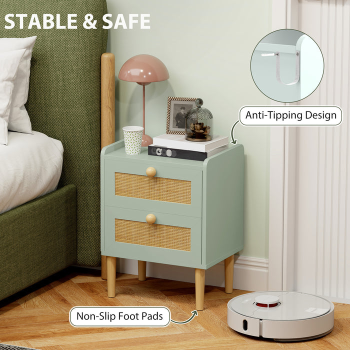 HOMCOM Bedroom Chest of Drawers, Boho Rattan Dresser with 2 Drawers, Storage Cabinet for Living Room, Hallway, Entryway, Light Blue