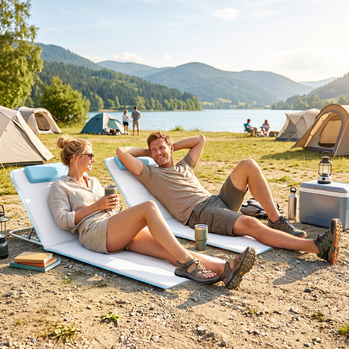 Outsunny Set of 2 Foldable Garden Beach Chair Mat, Lightweight Outdoor Sun Lounger Seats with Adjustable Back, Metal Frame, PE Fabric Head Pillow and Carry Bag, Cream White