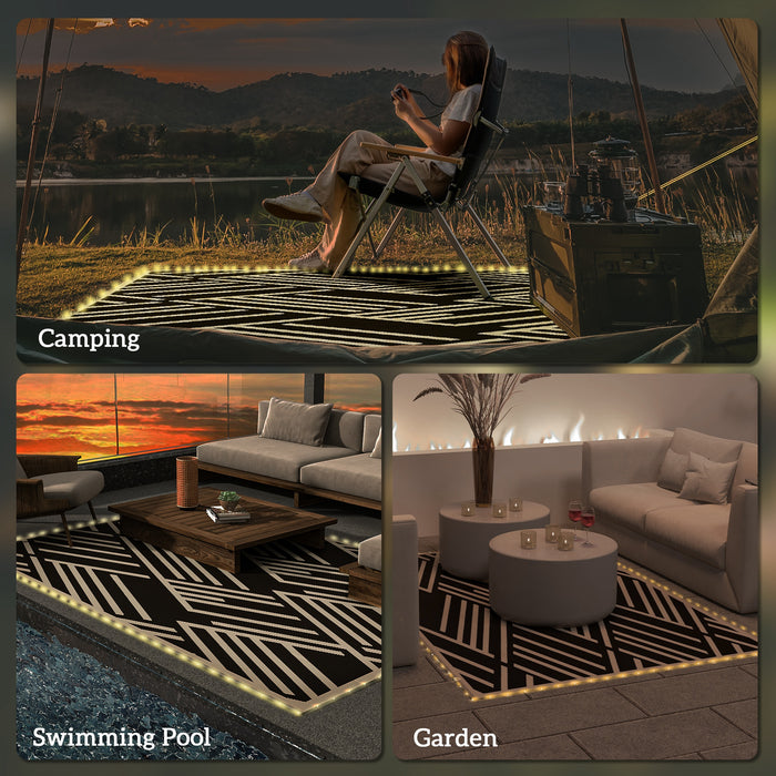 Reversible Plastic Straw RV Rug with LED Lights - Large 182 x 274cm Outdoor Mat in Black and Coffee - Ideal for Campers & Patio Lighting Decor