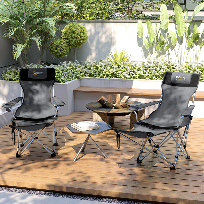Outsunny Set of 2 Reclining Folding Camping Chair w/ Detachable Footrest, Storage Bag, Cup Holder & Headrest, Lightweight Portable Camp Chair for Beach, Picnic, Grey and Black