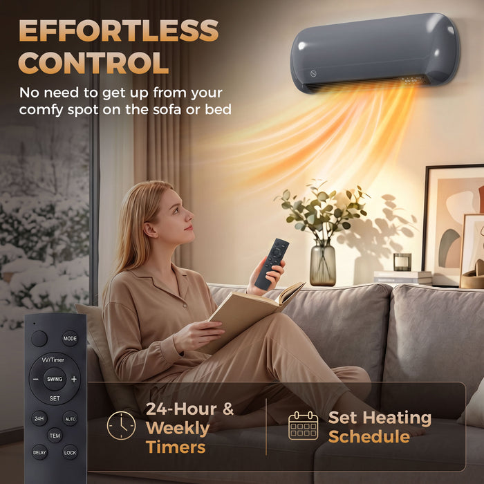 HOMCOM 2000W Ceramic Space Heater, Electric Heater, Wall Mounted, with Fan, Adjustable Thermostat, Weekly Timer, Grey