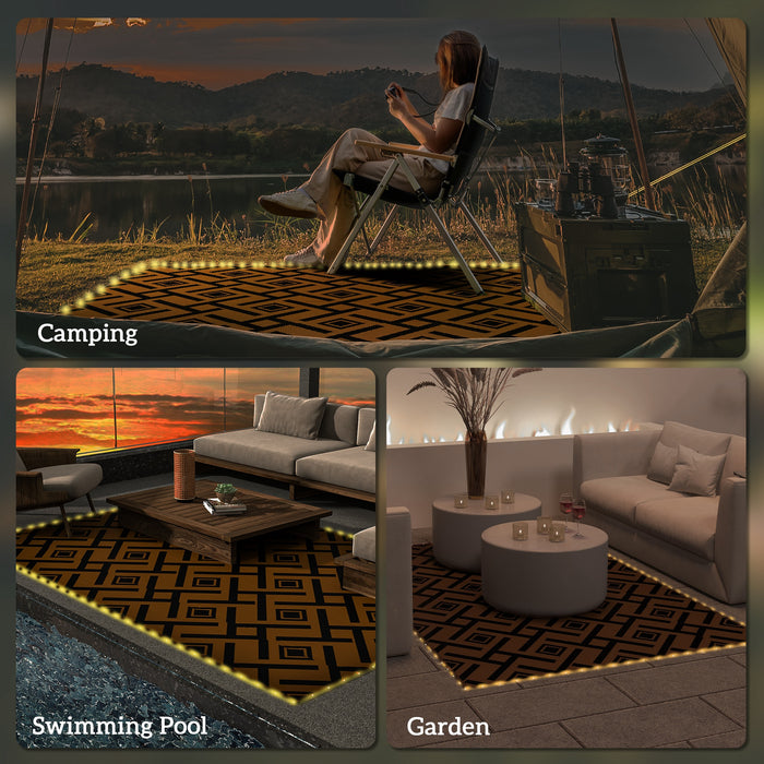 Reversible RV Outdoor Rug with LED Lights - Durable Plastic Straw Mat in Brown and Black, 182 x 274cm - Perfect for Camping and Patio Decoration