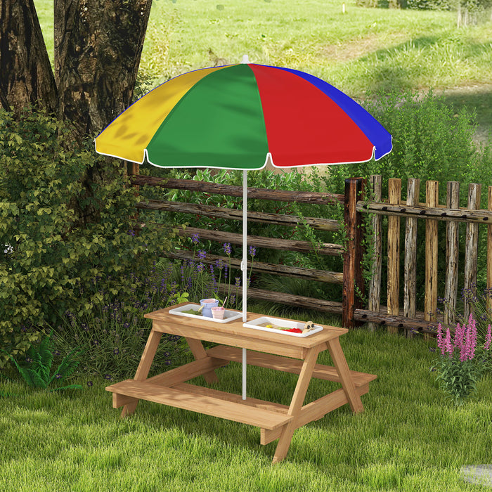 AIYAPLAY Kids Picnic Table, Sand and Water Table with Wooden Benches, Adjustable Parasol and Storage Bins, Multicolour