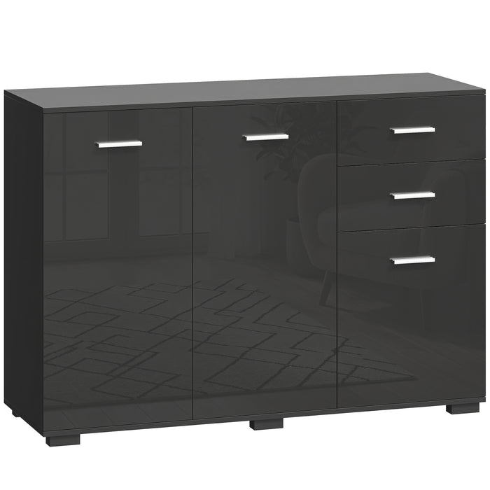 HOMCOM Sideboard, Modern Storage Cabinet with 2 Drawers, 3 Doors and Adjustable Shelves, High Gloss Black
