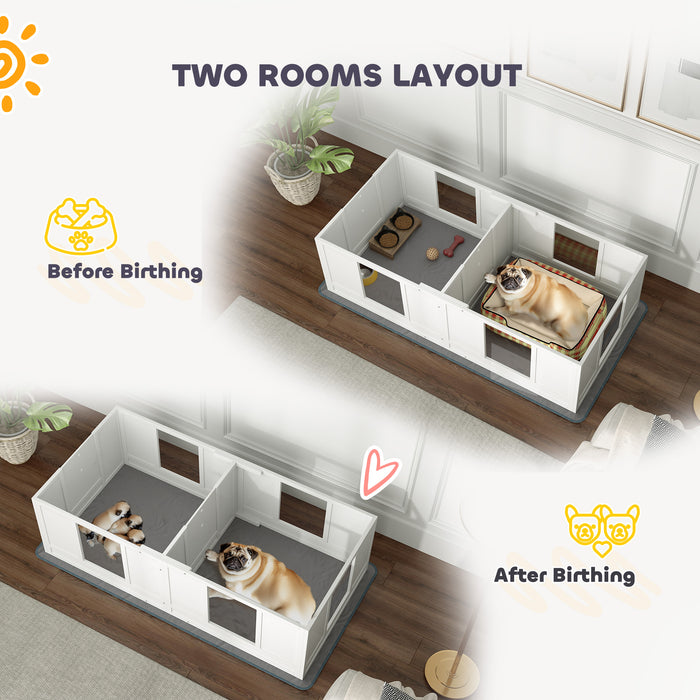 PawHut Two Room Design Whelping Box for Dogs with Whelping Pad, Clear Panels, Adjustable Entrance, for Small Dogs, 164 x 80cm