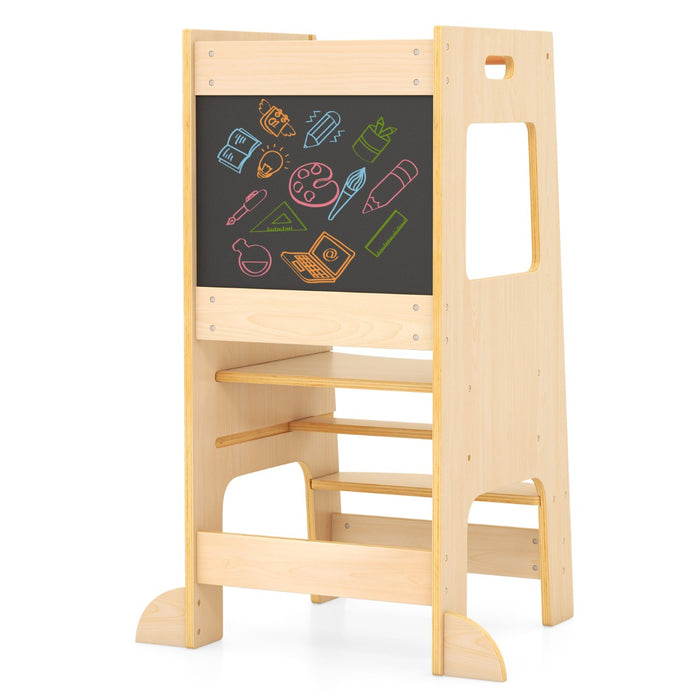Toddler Kitchen Step Stool with Activity Chalkboard and Adjustable Height-