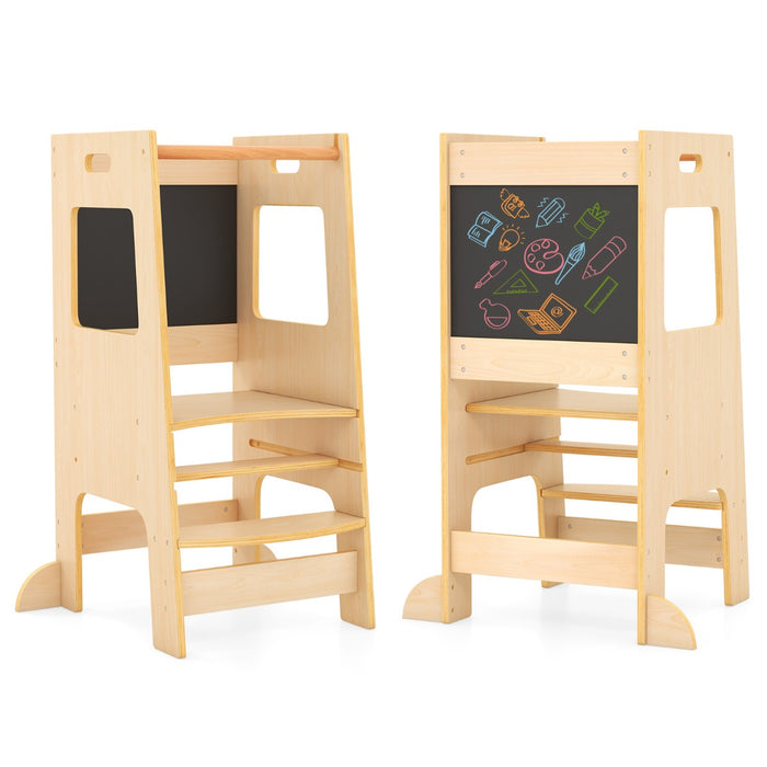 Toddler Kitchen Step Stool with Activity Chalkboard and Adjustable Height-