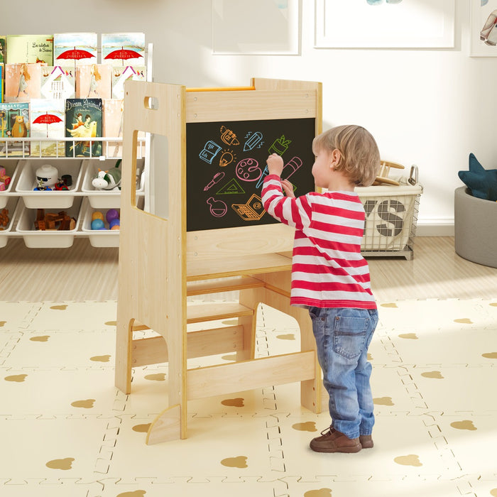 Toddler Kitchen Step Stool with Activity Chalkboard and Adjustable Height-