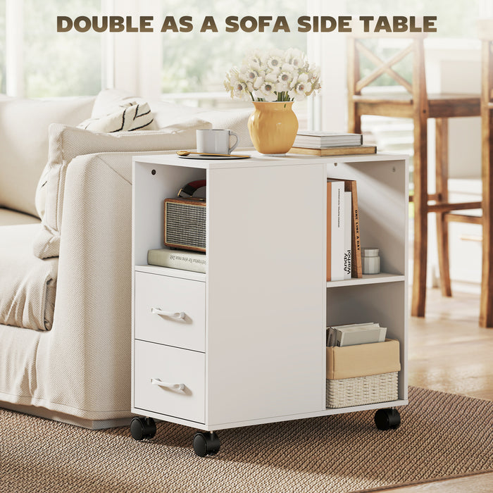 HOMCOM Narrow Mobile Printer Table with Wheels, Rolling Printer Stand with Drawers for Home Office, 30 x 60 x 65 cm, White
