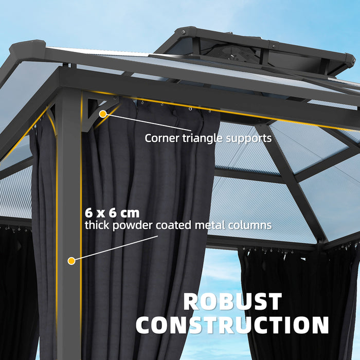 Outsunny 2.5 x 2.5 m Hardtop Gazebo Canopy with Double PC Roof, Drainage Gutters, Garden Gazebo Permanent Pavilion, Dark Grey