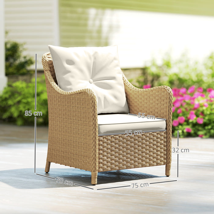 Outsunny Rattan Garden Chairs Set of 2, Outdoor Rattan Chairs with Cushions, Armrests and High Back, PE Wicker Garden Armchair with Steel Frame for Balcony, Porch, Beige