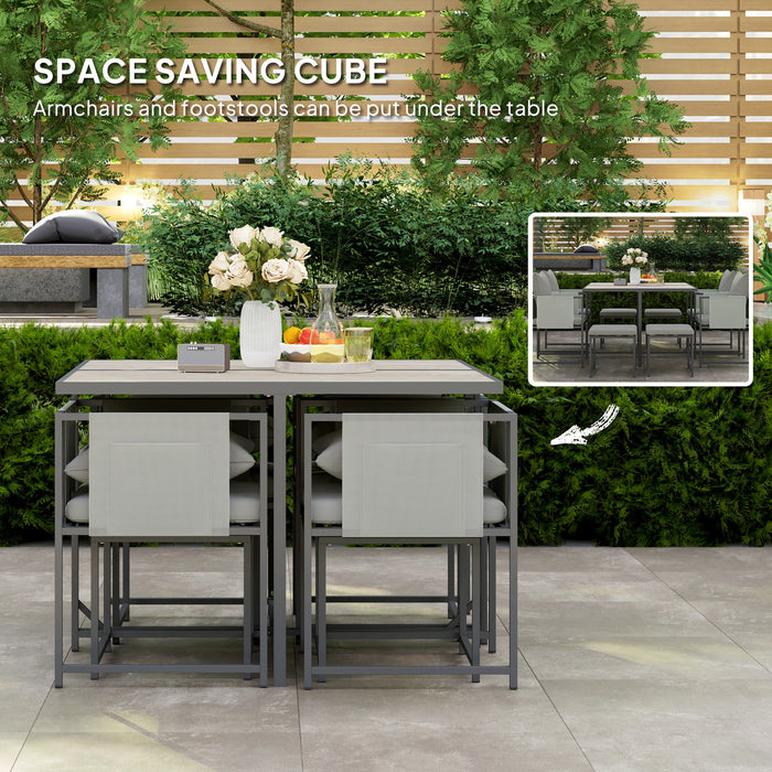 Outsunny 9 Piece Garden Dining Set, Cube Outdoor Garden Furniture Set with Cushions, 8 Seater Garden Table and Chairs with 4 Stools, Square PSPC Plastic Top Table, Side Pockets for Patio, Grey