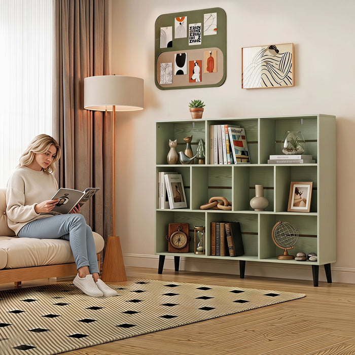 HOMCOM 10-Cube Bookcase, 3-Tier Book Shelf with Solid Wood Legs, 140 cm Modern Bookshelf with Anti-Tip Kit, Light Green