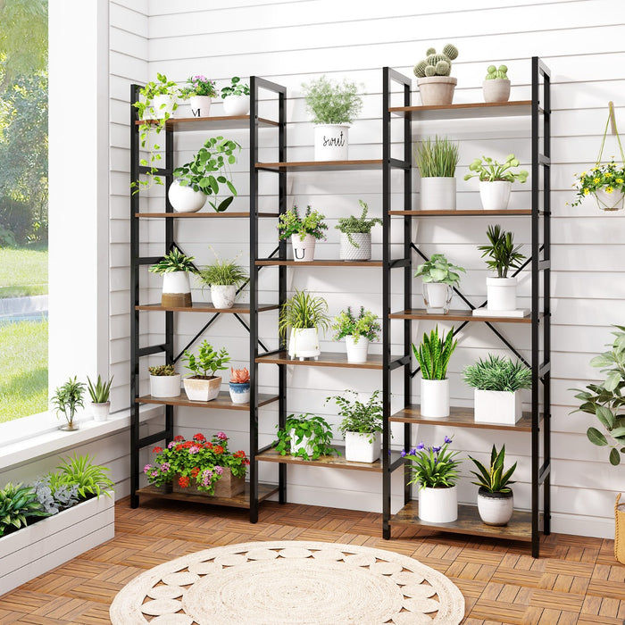 Triple Wide Heavy-duty Metal Frame Industrial Bookshelf with 14 Open Shelves-Brown