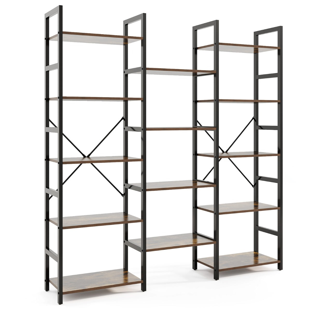 Triple Wide Heavy-duty Metal Frame Industrial Bookshelf with 14 Open Shelves-Brown