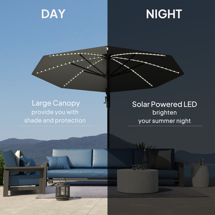 Outsunny 3(m) Cantilever Garden Parasol with Solar Powered Lights, Crank Handle & Cross Base, UPF 50+, 360° Rotation, Dark Grey