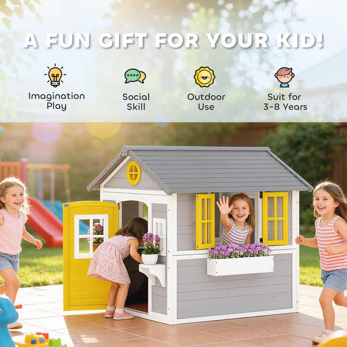 Outsunny Wooden Playhouse with Doors, Windows, Plant Pots, Boxes, for 3-8 Years - Grey