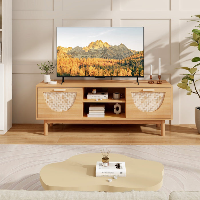 Bamboo Woven Television Console - Media Cabinet with Two Drawers - Stylish Storage Solution for Home Entertainment Systems