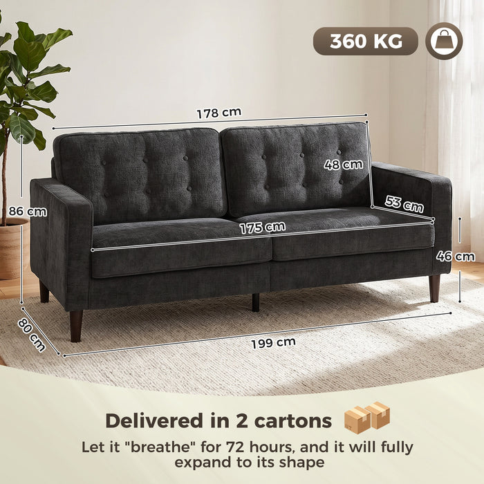 HOMCOM 3 Seater Sofa Button Tufted Upholstered Velvet Couch with Wood Legs for Living Room, Dark Grey