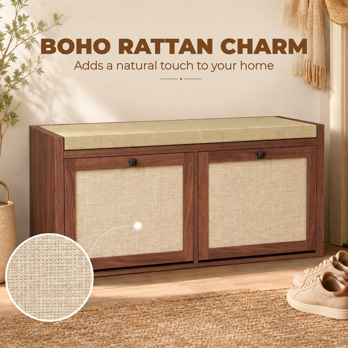 HOMCOM Rattan Shoe Bench with Padded Cushion and 2 Cabinets for Hidden Storage, Brown