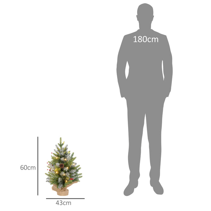 HOMCOM 2 Pieces 2ft Prelit Artificial Christmas Tree with LED Light and 141 Tips, Concrete Base, Tabletop Xmas Tree with Pine Cones and Red Berries, Green