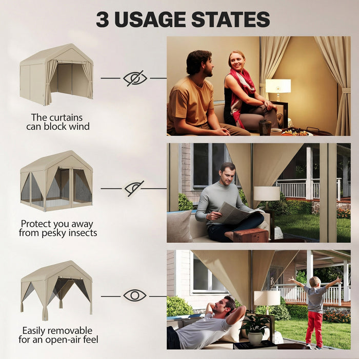 Outsunny 3 x 3 m Patio Gazebo with Netting & Curtains, Outdoor Canopy Shelter with Galvanised Steel Frame, Khaki