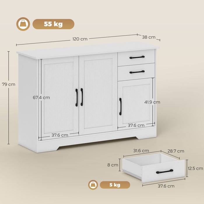 HOMCOM Sideboard with 2 Drawers Modern Storage Cabinet, Kitchen Cupboard with Adjustable Shelf and 3 Doors White