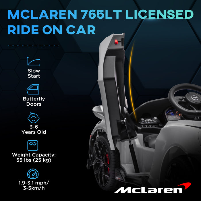AIYAPLAY McLaren 765LT Licensed 12V Kids Electric Ride on Car with Butterfly Doors Remote Control Training Wheels Grey | Aosom UK