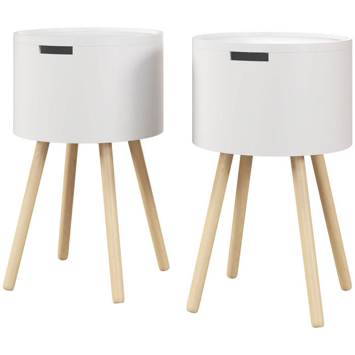 Contemporary Round Side Table Set with Concealed Storage - Removable Tray Top Nightstand with Wood Frame, Set of 2, White - Ideal for Living Spaces and Kids' Rooms