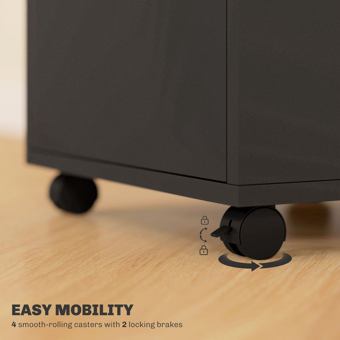 HOMCOM 60cm Storage Cabinet with Drawer, Open Shelf, Metal Handles and 4 Wheels, Office Home Organiser Mobile Printer, Black