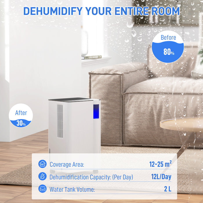 HOMCOM 12L/Day Dehumidifier with Continuous Drainage, 2L Water Tank, 24H Timer, Digital Humidity Display, Filter, Auto Defrost, Children Lock, Dehumidifier for Home Damp, Bedroom, Laundry Drying