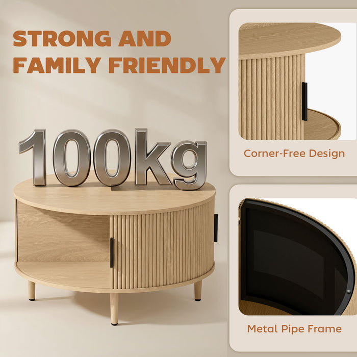 HOMCOM Coffee Table with Lift Top and Hidden Storage, Round Centre Table with Fluted Sliding Door, 80 cm, Natural Wood