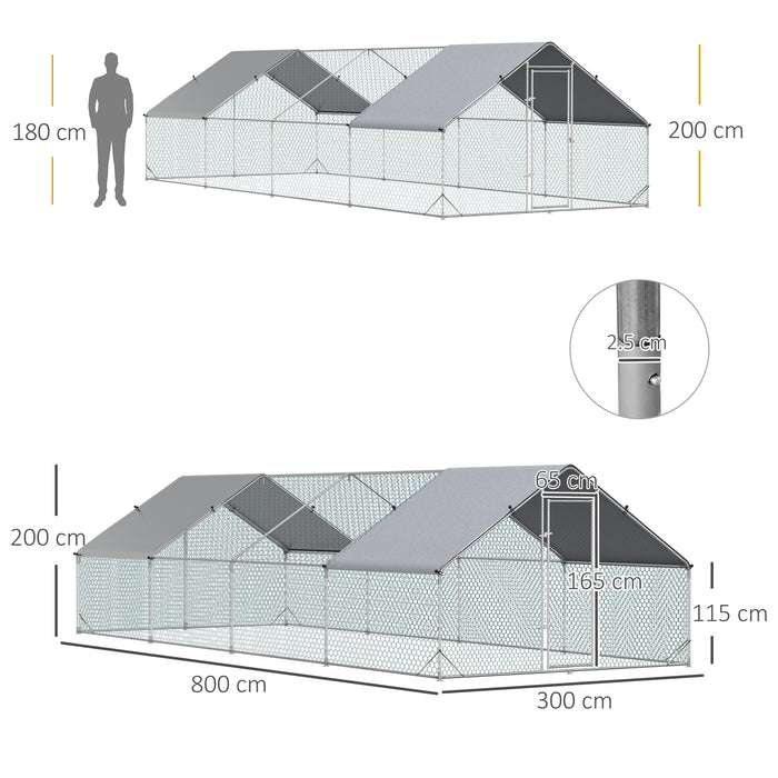 PawHut Chicken Run Galvanised Walk-in Chicken Coop Hen Poultry House Cage Rabbit Hutch with Water-Resist Cover, 3 x 8 x 2m