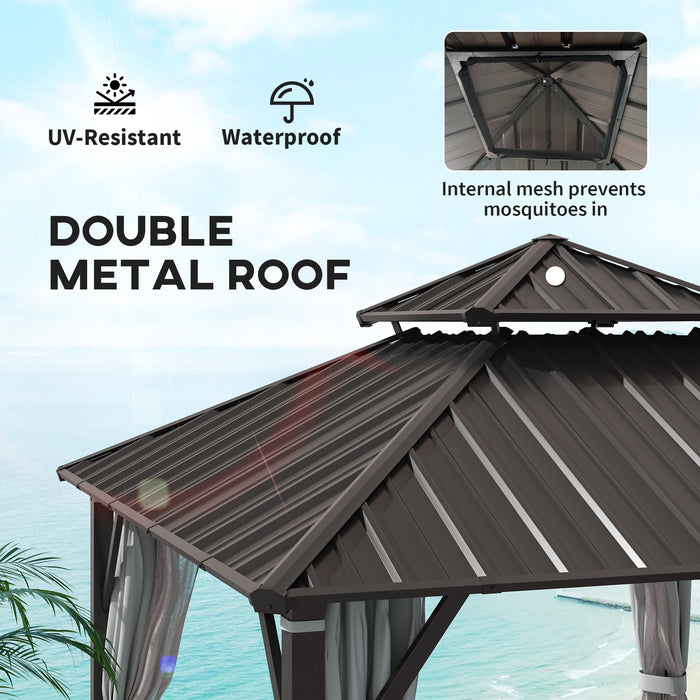 Outsunny 3 x 3(m) Hardtop Gazebo Canopy with Double Metal Roof, Waterproof Permanent Pavilion Garden Gazebo with Netting and Curtains, Easy to Assemble