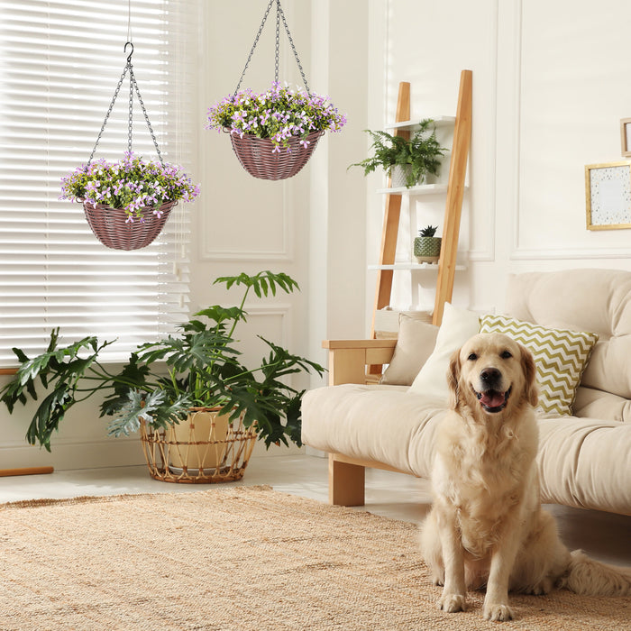 HOMCOM Artificial Flowers in Basket Set of 2, Artificial Hanging Baskets with 75 Leaves and 15 Flowers in Pot, Decorative Plant for Home Office Decor, Purple