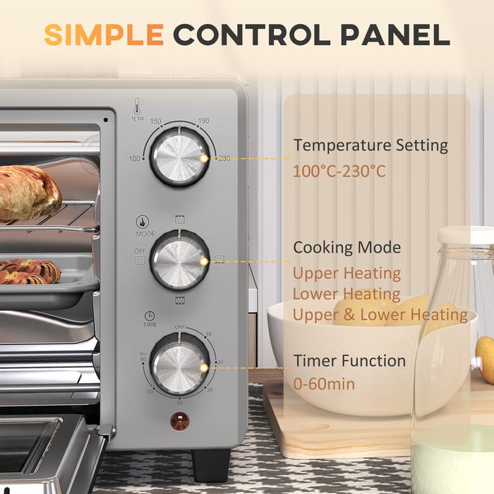 HOMCOM 21L Mini Countertop Oven, 100°C-230°C Adjustable Temp - Silver Tone