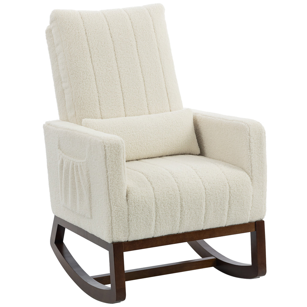 HOMCOM Rocking Chair for Adults, Lounge Rocker Chair with Lumbar Pillow, High Back, Wood Base, Side Pockets, Cream White