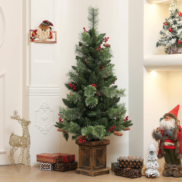 HOMCOM 1.2m/4ft Artificial Christmas Tree with 100 Warm White LED Lights and 8 Modes, Small Xmas Tree with Red Berries, Pine Cones and Retro Base, Green