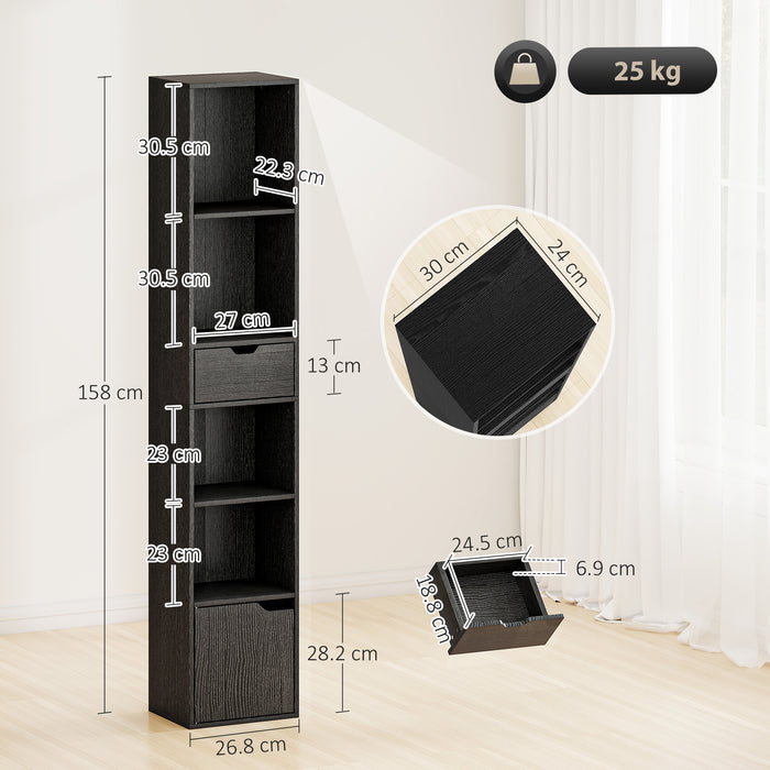 HOMCOM 6-Tier Bookcase, Tall Narrow Bookshelf with Drawer and Door - Black