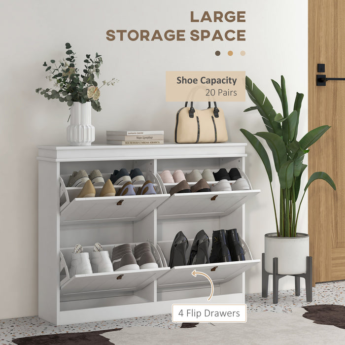 HOMCOM Slim Shoe Cabinet, Shoe Cabinet with 4 Drop-Down Drawers, 105W x 24D x 82.5H cm,  White