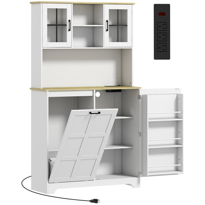 HOMCOM 175cm Tall Kitchen Cabinet, Kitchen Cupboard with Rubbish Bin Cabinet, 3 Door Shelves and 2 Acrylic Doors, White