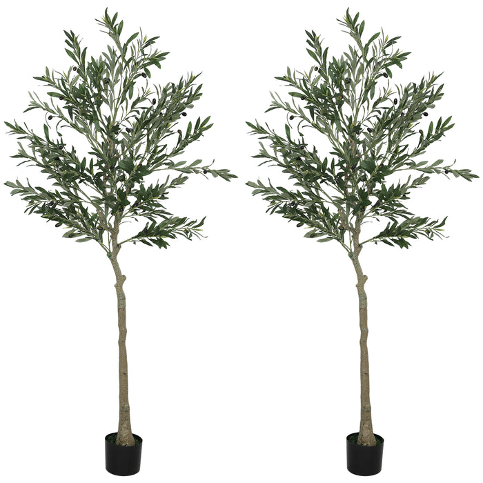 HOMCOM Set of 2 6ft/ 180cm Decorative Artificial Plant, Silk Olive Tree with 900 Leaves and 40 Olive Fruits in Pot, Fake Plant for Home, Office, Living Room, Indoor Decor