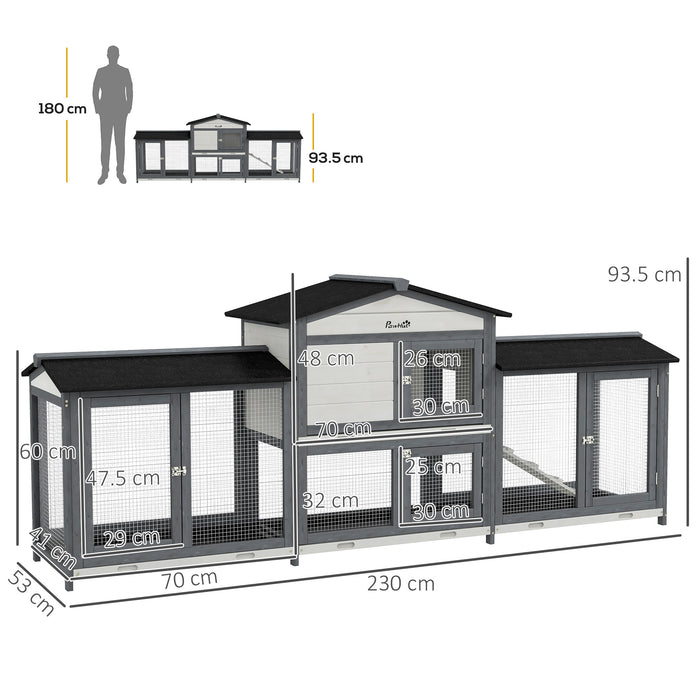 PawHut 2-Tier Large Rabbit Hutch Outdoor with Double Side Run Boxes, No-leak Plastic Tray, Ramp, 230 x 53 x 93.5cm, Light Grey