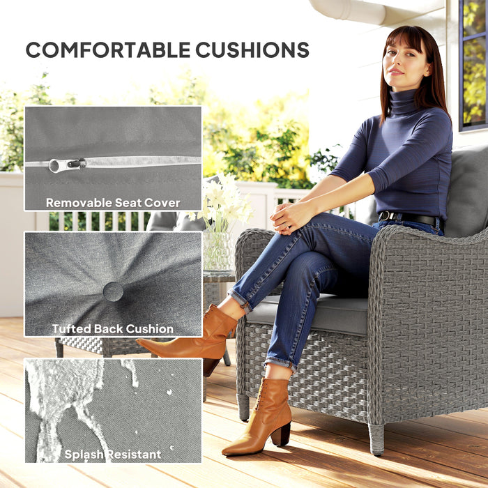 Outsunny Rattan Garden Chairs Set of 2, Outdoor Rattan Chairs with Cushions, Armrests and High Back, PE Wicker Garden Armchair with Steel Frame for Balcony, Porch, Dark Grey