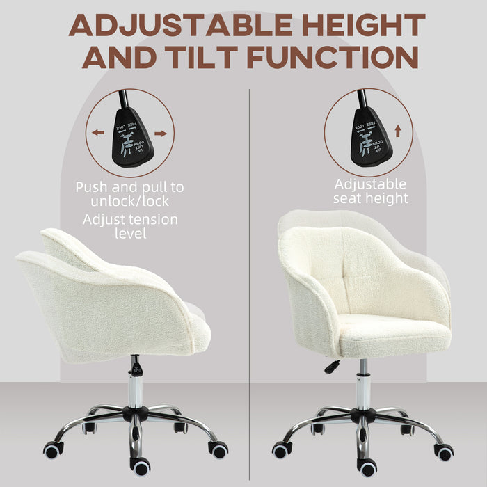 HOMCOM Computer Desk Chair, Fluffy Fabric Swivel Office Chair, Makeup Vanity Chair with Height Adjustable, Wheels, for Home Study Bedroom, Cream White | Aosom UK