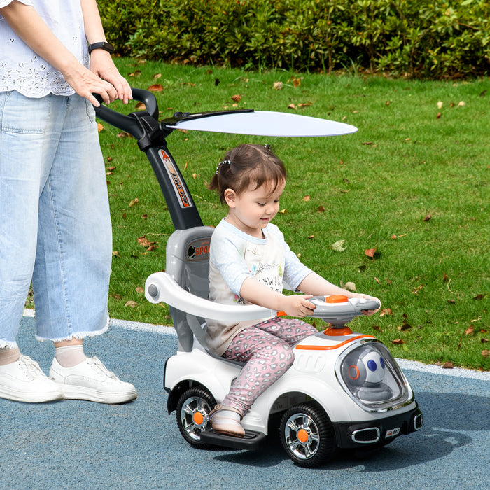 3-in-1 Cartoon Robot Ride-On Push Car - Foot-to-Floor Slider with Handle, Light-Up Features, Music, and Horn - Versatile Toy with Storage for Toddlers